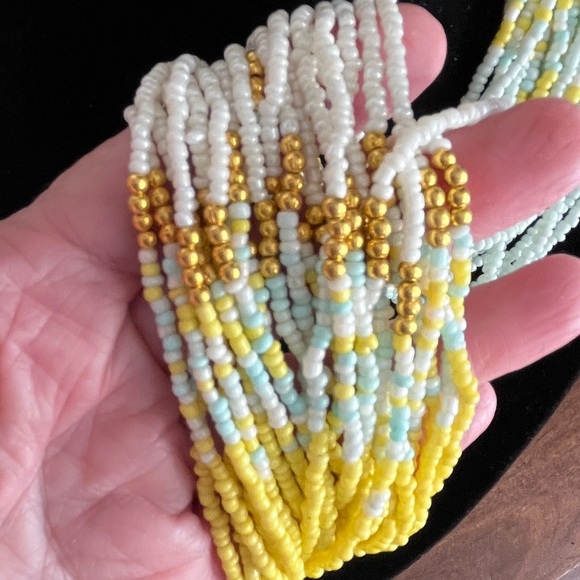 Seed bead necklace, 28”-31” multi strand yellow, light blue, & gold . NIP. - Picture 6 of 6